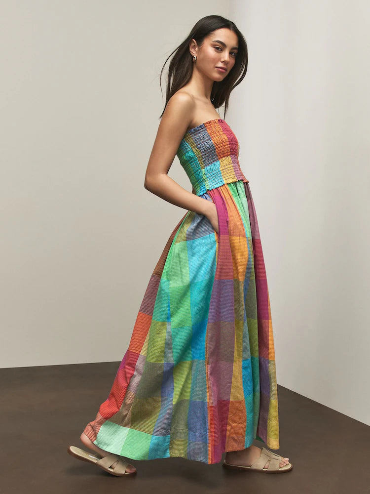 Multi Check Bandeau Shirred Body Midi Dress
