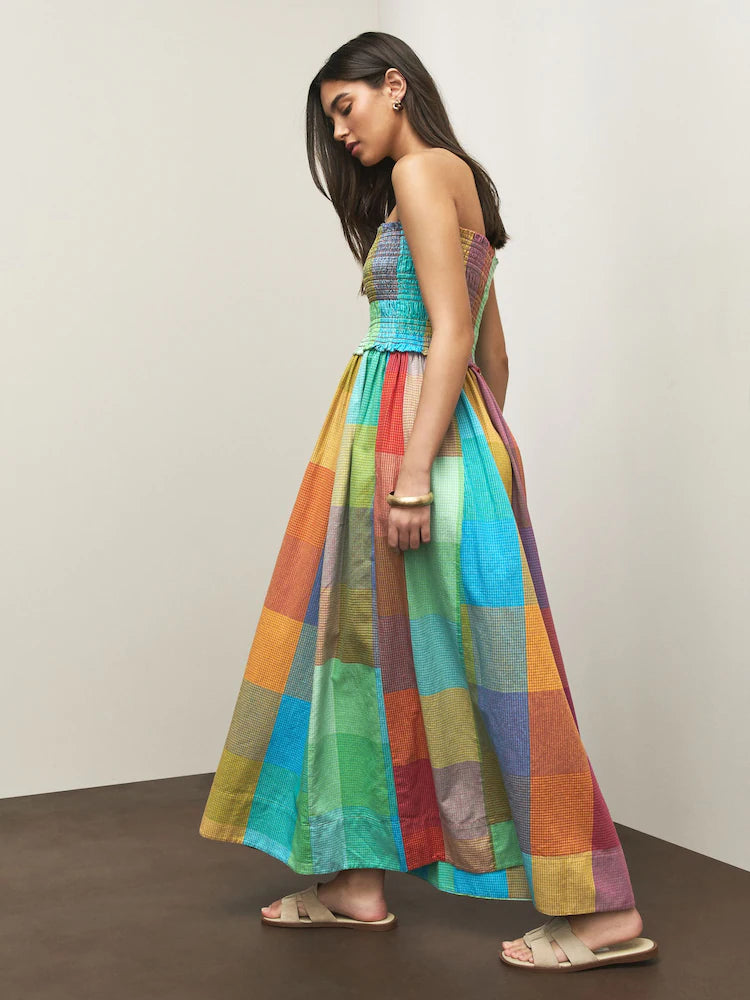 Multi Check Bandeau Shirred Body Midi Dress