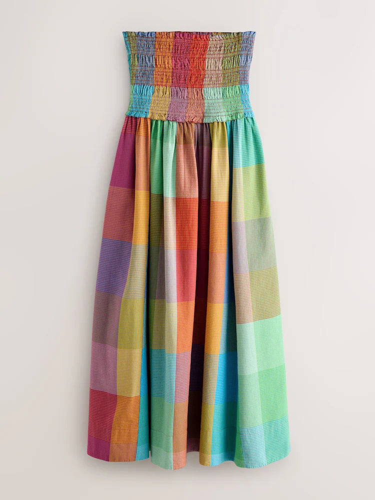 Multi Check Bandeau Shirred Body Midi Dress