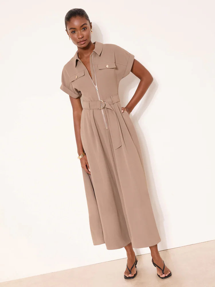 Lipsy Neutral Mocha Zipped Through Fit Flare Shirt Dress