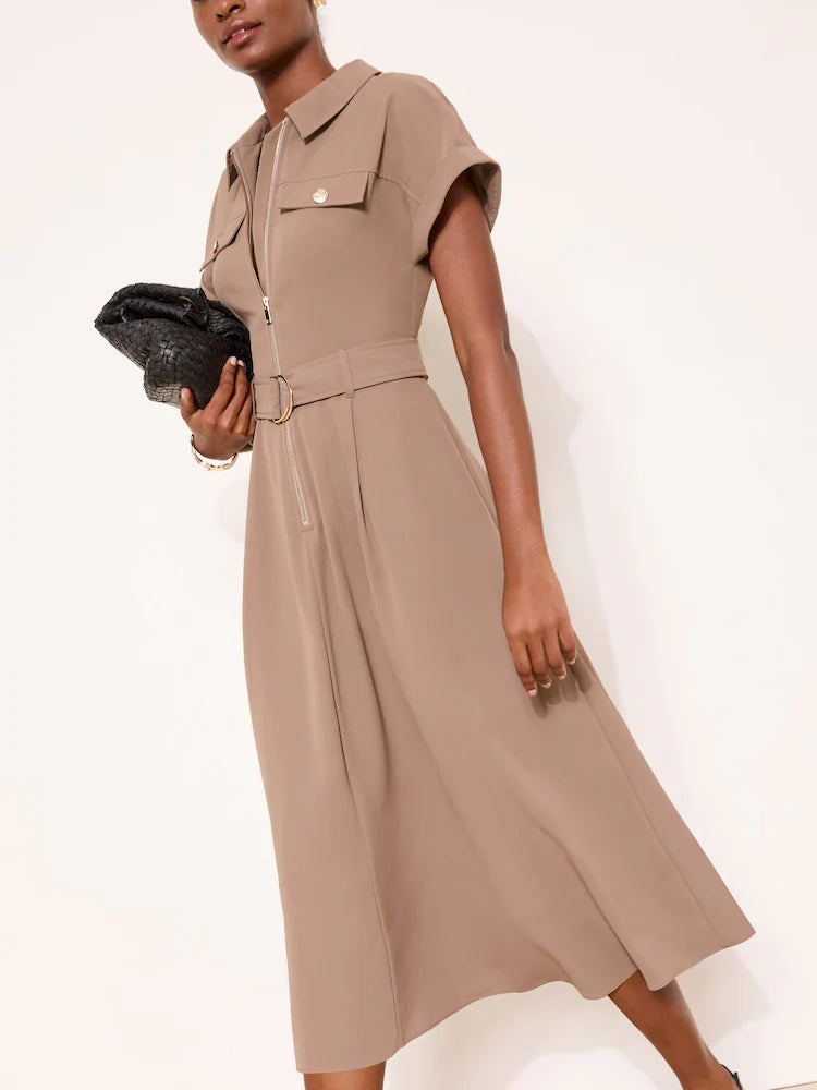 Lipsy Neutral Mocha Zipped Through Fit Flare Shirt Dress