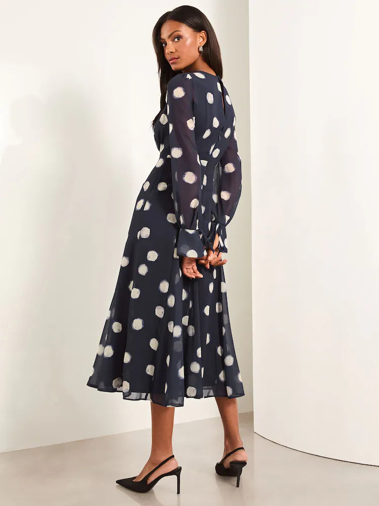 Lipsy Navy Blue Long Sleeve Underbust Fit And Flare Midi Dress