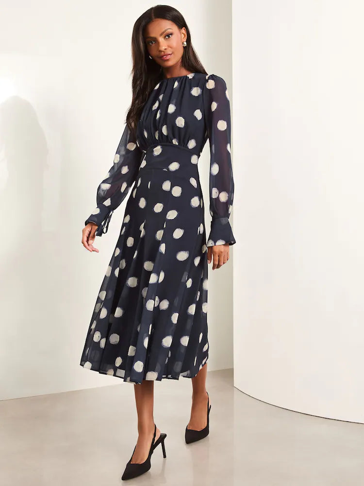 Lipsy Navy Blue Long Sleeve Underbust Fit And Flare Midi Dress