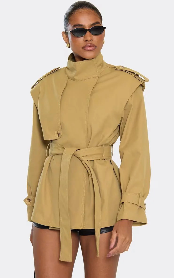 High Neck Belted Waist Short Trench Coat In Taupe